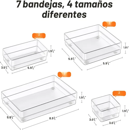 Miniatura 2 de SMARTAKE Organizador de cajones de 7 piezas con almohadillas de silicona antideslizantes, bandeja organizadora de cajones de escritorio de 4