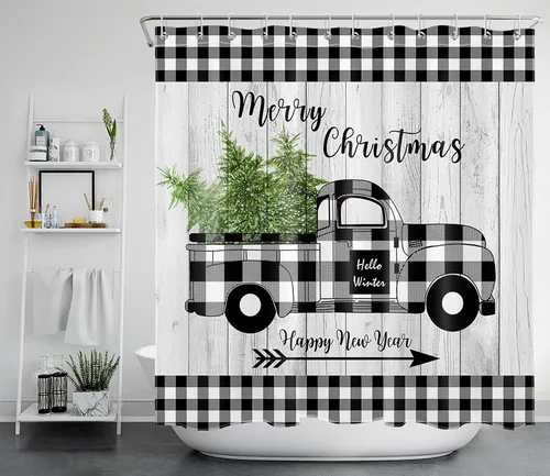 Miniatura 30 de EOBTAIN Cortina de ducha de hojas verdes de Navidad para baño, ramas de piña y abeto con bayas rojas sobre negro, cortina de ducha con 12 ganchos