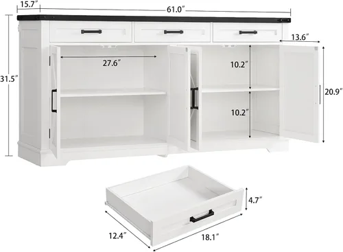 Miniatura 2 de usikey Aparador grande de 61 pulgadas con 4 puertas y 3 cajones, mesa de buffet de granja, armario de almacenamiento de comedor para cocina o sala
