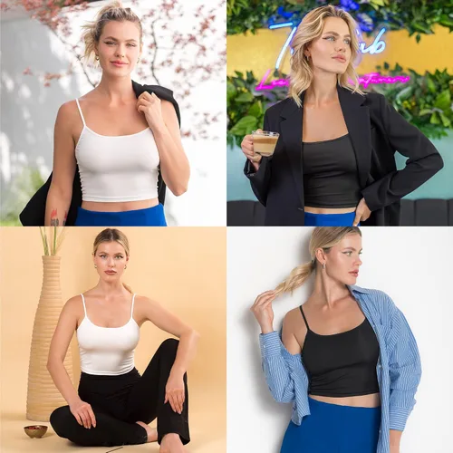 Miniatura 5 de Camisetas cortas para mujer, largas, blancas, negras, sexy, lindas, de entrenamiento, tirantes delgados, recortadas, de cintura alta, paquete de 2