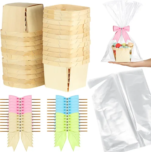 Miniatura 12 de Kigley Juego de 24 cestas de regalo de madera con bolsas de celofán y lazos, kit de mini cestas de bayas vacías para recoger frutas, graduación