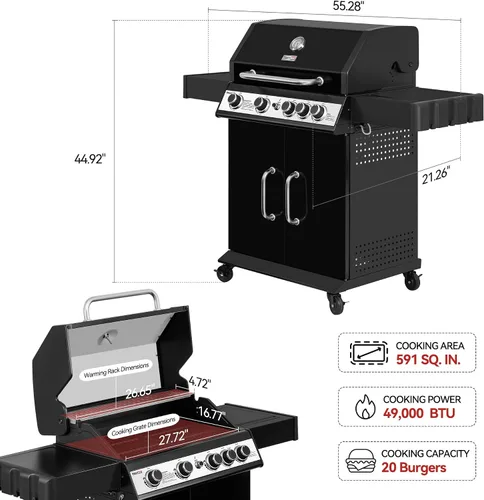 Miniatura 2 de SG5003H - Parrilla de gas de 4 quemadores con quemador lateral con tapa, parrilla de gas propano estilo gabinete, salida de 49,000 BTU para patio al