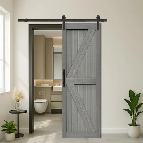 Miniatura 24 de S&Z TOPHAND® Puerta de granero doble de MDF de 18 x 84 pulgadas con kit de herrajes para puerta corredera de 6 pies, tablero sólido de puerta