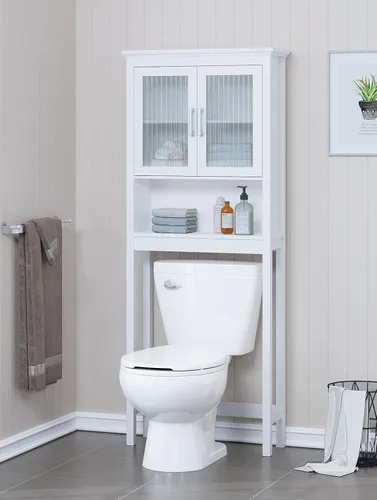 Spirich Home - Estantería de baño situada sobre el inodoro, organizador de armario de baño con puerta de cristal templado Moru Blanco
