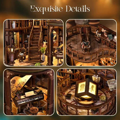 Miniatura 5 de Kit de rincón de libros, rompecabezas de madera 3D en miniatura, sujetalibros con luz LED, decoración de estantería de flor de cerezo para libros