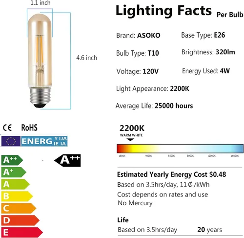 Miniatura 3 de Bombillas LED T10 de 2200 K blanco cálido, bombillas Edison tubulares de color ámbar de 4 W, base media E26, equivalente a 40 vatios, tubo Ámbar