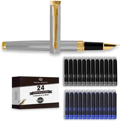 Miniatura 6 de Dryden Designs Pluma estilográfica de punta fina, incluye 24 cartuchos de tinta, 12 negros y 12 azules, verde esmeralda, escritura suave y elegante
