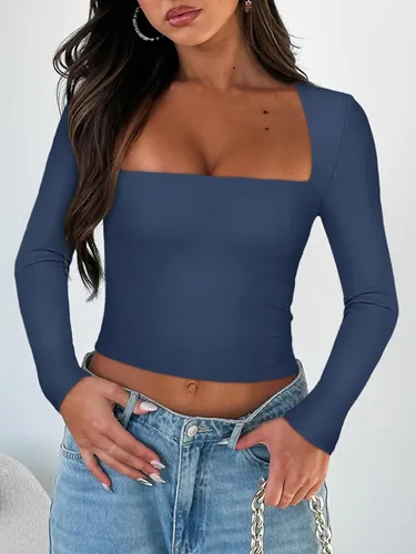 Miniatura 4 de REORIA Camiseta corta sexy de manga larga con cuello cuadrado para mujer Y2K