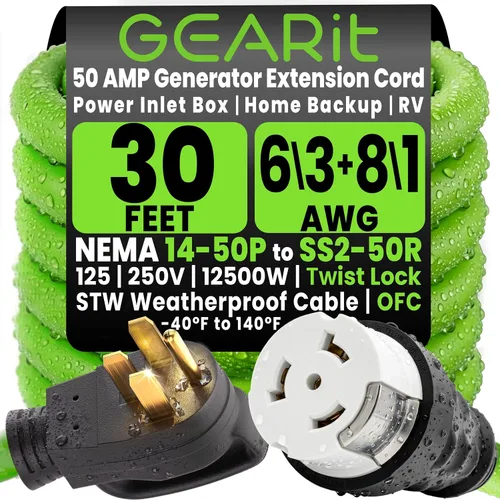 Miniatura 9 de GEARit - Cable generador de 50 amperios de 15 pies, NEMA 14-50P a SS2-50R, cable de extensión para generador de bloqueo giratorio, STW 6/3+8/1 AWG