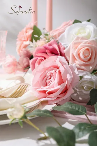 Miniatura 7 de Serwalin - Flores artificiales de color rosa primaverales, rosas de seda, flores falsas para bricolaje, ramos de novia, ramos de boda, flores para A