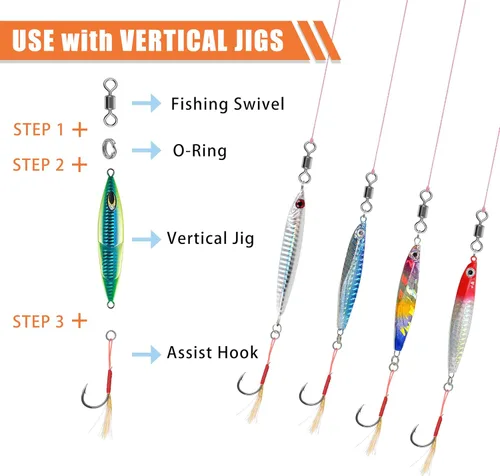 Miniatura 5 de Shaddock Fishing 50 ganchos de asistencia para jigging de agua salada, 6 tamaños (10#, 11#, 12#, 13#, 14#, 15#), plantillas de paso lento, Blanco