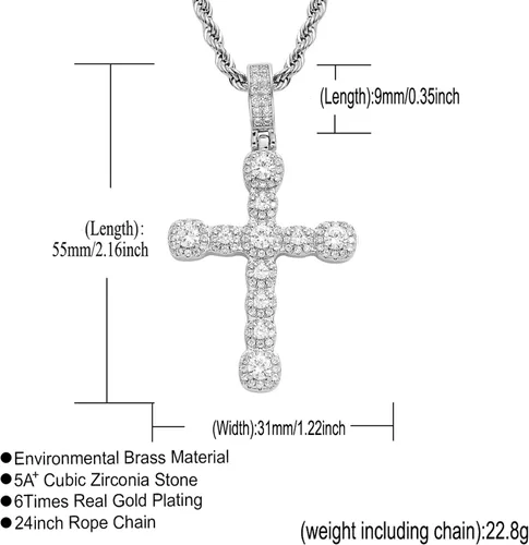 Miniatura 6 de STARCHENIE Collar de cruz de latón chapado en oro, colgante de crucifijo de circonita cúbica, cadena de cuerda de 24 pulgadas, Metal, Circonia cúbica