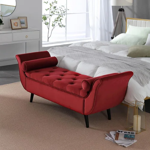 Banco de Almacenamiento de Terciopelo para Dormitorio, Rojo, Banco Otomán de Almacenamiento Tapizado con Botones Capitoné Reposapiés Brazo Enrollado