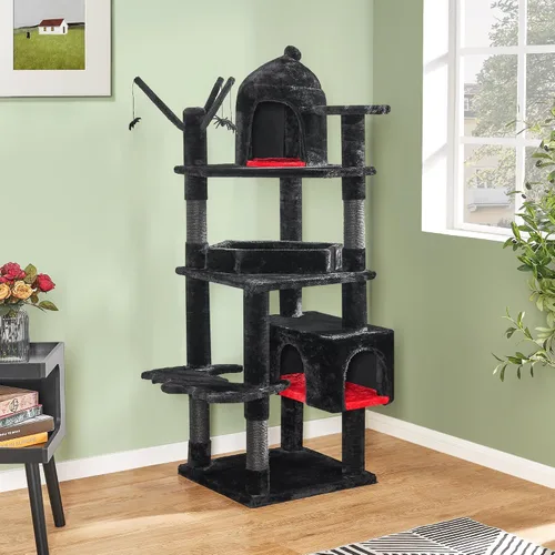 Miniatura 9 de BEWISHOME Árbol para gatos resistente, 63 pulgadas, árboles para gatos grandes, torre gótica para gatos con cama de ataúd, casas para gatos