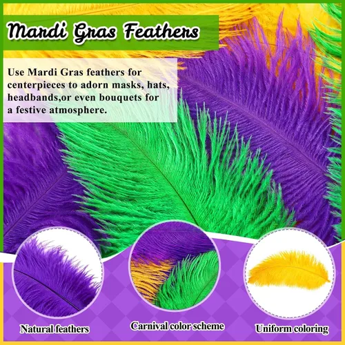 Miniatura 4 de MARFOREVER Plumas de Mardi Gras para manualidades y centros de mesa, paquete de 24, 10-12 pulgadas, plumas naturales verdes doradas y moradas
