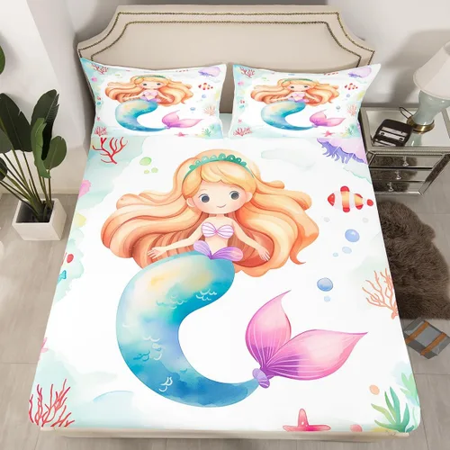 Miniatura 19 de Erosebridal Sábanas de cama de sirena azul para niñas, bonita sábana bajera ajustable de unicornio, 2 piezas, ropa de cama de arcoíris femenino