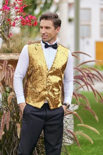 Miniatura 3 de COOFANDY Chaleco de lentejuelas para hombre, ajustado, chaleco de fiesta de Navidad, chaleco brillante para bodas, bailes, eventos