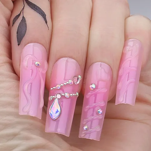 Miniatura 22 de Uñas postizas largas a presión, cuadradas, francesas, nude, rosa, lazo de lujo y diamantes de imitación de flores 3D, 24 unidades, uñas brillantes