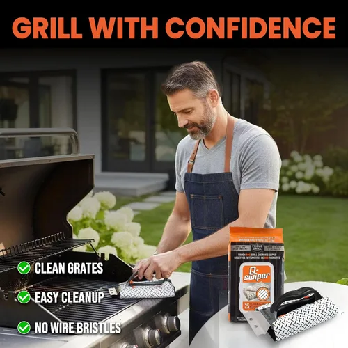 Miniatura 8 de Proud Grill Q-Swiper - Juego de limpiador de parrilla para barbacoa, 1 cepillo de parrilla con raspador y 25 toallitas de limpieza para parrilla