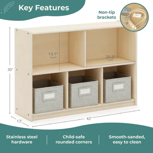 Miniatura 2 de Guidecraft EdQ 5 compartimentos de almacenamiento 30 pulgadas natural con 3 contenedores de tela: estantería de madera para niños, organizador