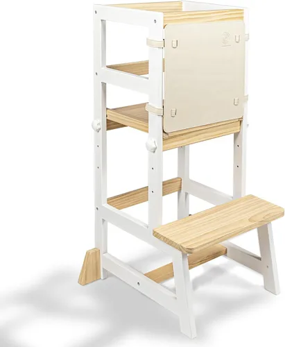 Miniatura 11 de Taburete de cocina WOOD CITY, taburete de cocina para niños pequeños con baranda de seguridad, altura ajustable, torre de aprendizaje para niños