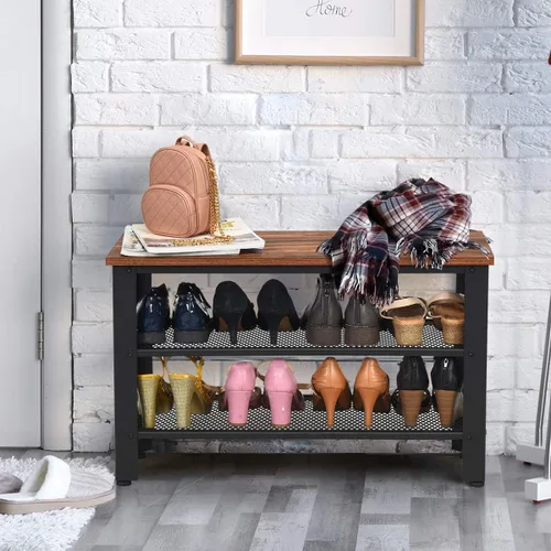 Miniatura 3 de Giantex Zapatero de 3 niveles, banco de zapatos industrial con 2 estantes de almacenamiento de malla y asiento para entrada, puerta delantera