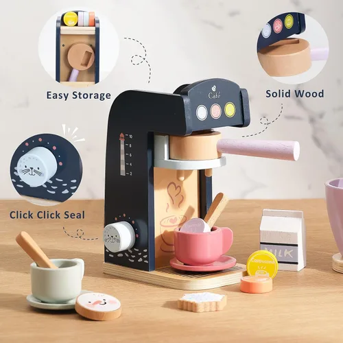 Miniatura 6 de PairPear Juego de simulación de cafetera de madera, máquina de espresso polar de 13 piezas con comida de juguete para niños, juguetes de madera