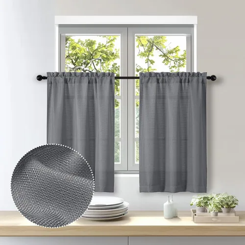 Miniatura 21 de OWENIE Bob Juego de 2 Paneles de Cortinas Negras de Cocina para Ventanas de 36 Pulgadas de Largo, Cortinas Cortas de Café con Textura de Lino