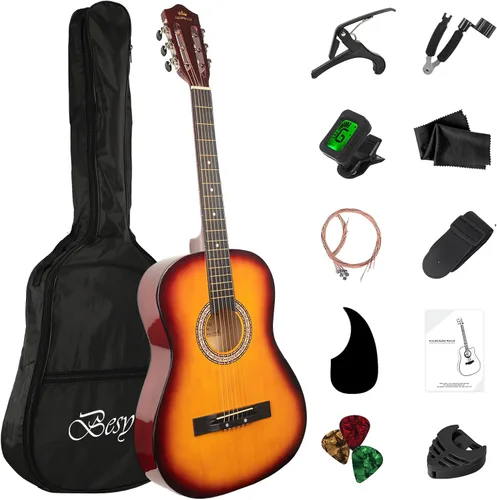 Miniatura 9 de Guitarra acústica de madera de 38 pulgadas con kit de inicio, bolsa de viaje, afinador, púa de guitarra con juego para principiantes para niños