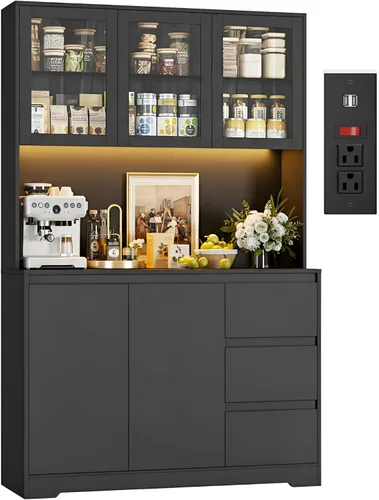 finetones Armario de despensa de cocina de 71" con luces LED y estación de carga, gabinetes de cocina modernos armario alacena con almacenamiento y