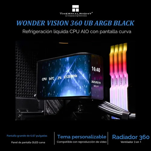 Miniatura 2 de Thermalright Wonder Vision 360 UB ARGB Enfriador de CPU AIO Negro, Radiador de 360mm, Pantalla Curva de 2K 60HZ con Resolución de 2400x1080