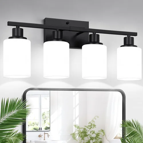 Miniatura 23 de Indoi Lámparas de baño de 4 luces, luces de tocador de níquel cepillado con pantallas de vidrio transparente, moderna lámpara de pared de baño