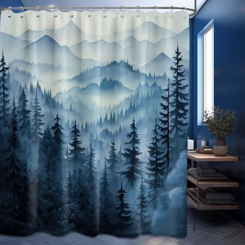 Miniatura 2 de Cortina de ducha azul marino de bosque Cortina de ducha azul oscuro de montaña y naturaleza para decoración de baño de hombres, tela impermeable