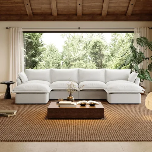 Miniatura 16 de Sofá modular de mezcla de lino para sala de estar, cómodo sofá modular con relleno de plumón, moderno sofá cama convertible con asiento profundo