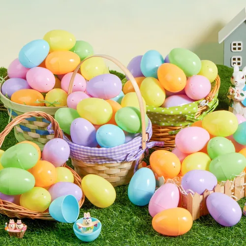 Miniatura 8 de JOYIN Huevos de Pascua pastel de 3.15 pulgadas, 100 huevos de plástico grandes, cáscaras de huevo rellenables de colores vacíos para búsqueda