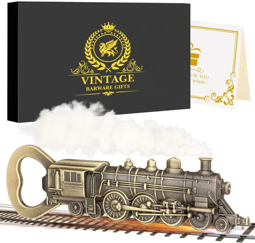 Miniatura 10 de Abrebotellas de tren de vapor, abridor de cerveza único para hombres, papá, novio, regalos de cumpleaños, locomotora de bronce con bolsa de Bronce