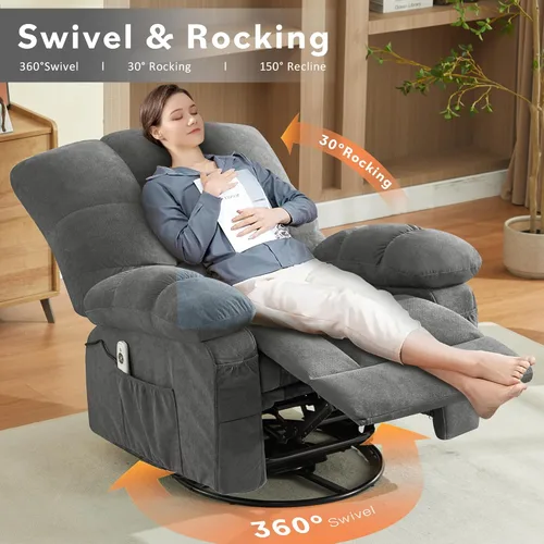 Miniatura 3 de Grey 360° Massage Swivel Recliner Chair with Vibration Massage and Lumbar Heating for Adults, Oversized Rocking Recliner Chair with Side Pocket and