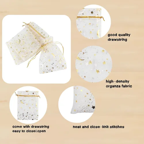 Miniatura 5 de QIANHAILIZZ - 100 bolsas de organza con diseño de estrellas y lunas para joyas, para regalo de caramelos, regalo de matrimonio, con cordón