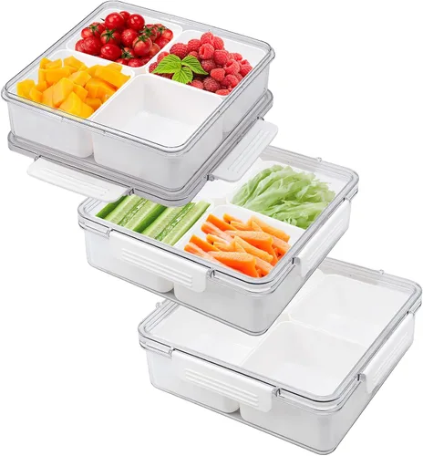Miniatura 8 de Paquete de 3 Cajas Snackle Divididas Bandeja para Servir Verduras con Tapa Conservador de Ensaladas con 4 Cajas Removibles Contenedores