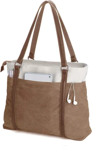 Laptop Tote Bag for Women, 15.6 Inch Work Bag with Laptop Compartment and Zipper, Canvas Computer Tote for Teacher Marrón
