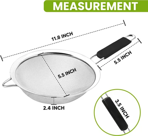 Miniatura 4 de Colador de malla fina con mango de goma termoplástica – Tamiz de malla fina de acero inoxidable – Ideal para tamizar harina, azúcar glaseado, frutas