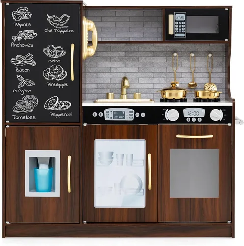 Miniatura 10 de HONEY JOY Set de cocina de madera de juguete para niños, juego de simulación de pequeño chef con pizarra, teléfono, utensilios, horno, microondas