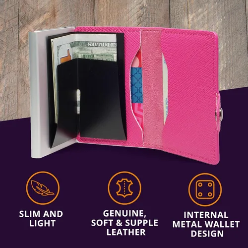 Miniatura 5 de Conceal Plus - Cartera Card Blocr para mujer, bloqueo RFID, delgada, minimalista, tarjetero, saffiano, poliuretano, rosa