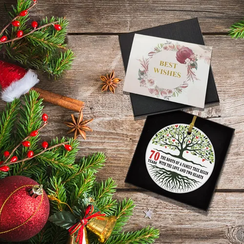 Miniatura 5 de REWIDPARTY Adorno de cerámica de 70 aniversario, decoración de árbol genealógico de 70 años, recuerdo navideño de señor y señora, decoración