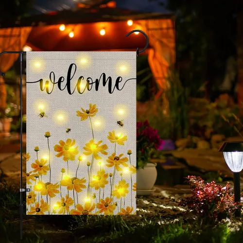 Miniatura 5 de Bandera de jardín de bienvenida floral de primavera y verano con luces LED, 12 x 18 pulgadas, doble cara, vertical, arpillera, girasol, abeja