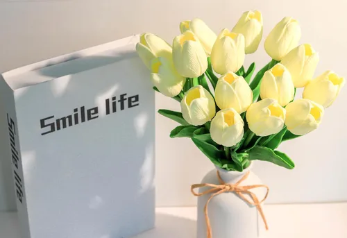 Miniatura 3 de SITUMEIZI 15 tulipanes falsos flores artificiales de tacto real beige de 14 pulgadas flor de poliuretano para decoración del hogar, cocina