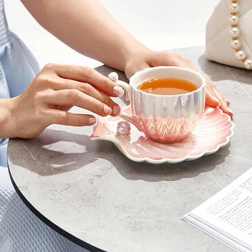 Miniatura 3 de Taza y platillo Pearl Shell – Taza de café de cerámica degradada de 8 onzas, té vintage, capuchino, arte con leche para regalo de cumpleaños