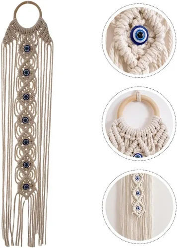 Miniatura 5 de ARTIBETTER Tapiz tejido a mano con ojos azules, tapiz de madera, ojo de diablo, borla colgante, decoración de habitación de bebé para el hogar