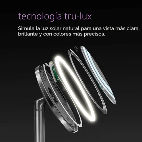 Miniatura 5 de simplehuman Espejo con sensor, espejo de maquillaje iluminado con aumento (5X), espejo redondo de 8 pulgadas con lupa con luces, inalámbrico, acero