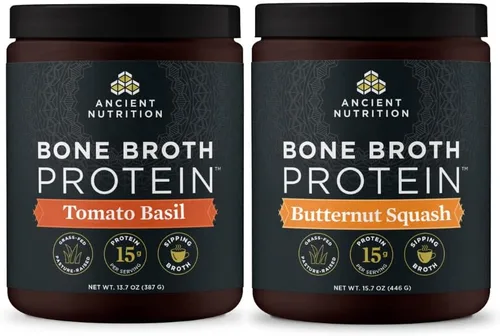 Ancient Nutrition Proteína en polvo de caldo de hueso, albahaca de tomate, 15 porciones + polvo de proteína de caldo de hueso, calabaza de